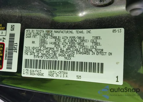 2013 Toyota Tundra Grade 5.7L V8 из США, поврежденный, VIN 5TFRY5F17DX145191